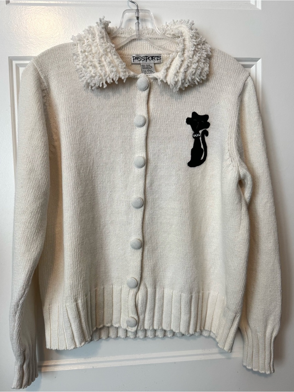 Passports Vintage Cat Cardigan Sweater Large Ivory Ramie Cotton Fringe Collar
